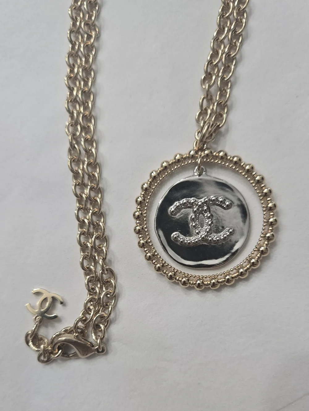 #145 CHANEL Coco Mark Necklace Jewelry GP (Gold Plated) Women's Gold and Silver